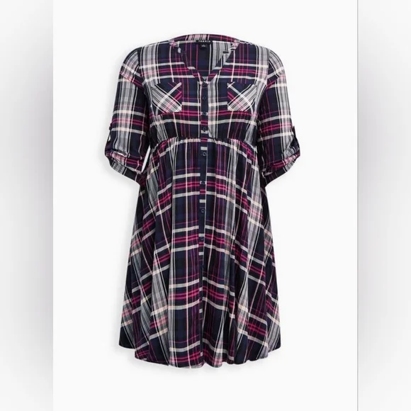 Torrid Plaid Mini Challis Button-Front Shirt Dress Size 2 - Picture 5 of 9